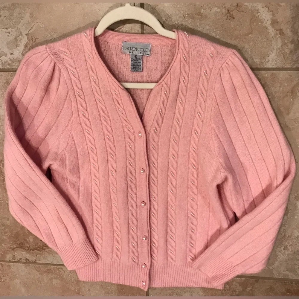 LAUREN COLE 70% Lambswool Angora Pearl Embellished Baby Pink Knit Cardigan - MP - Picture 5 of 10